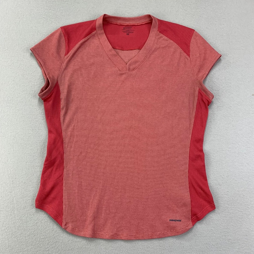 VTG Patagonia Baselayer T-Shirt Womens L Red‎ V-neck Short Sleeve Hiking Trail